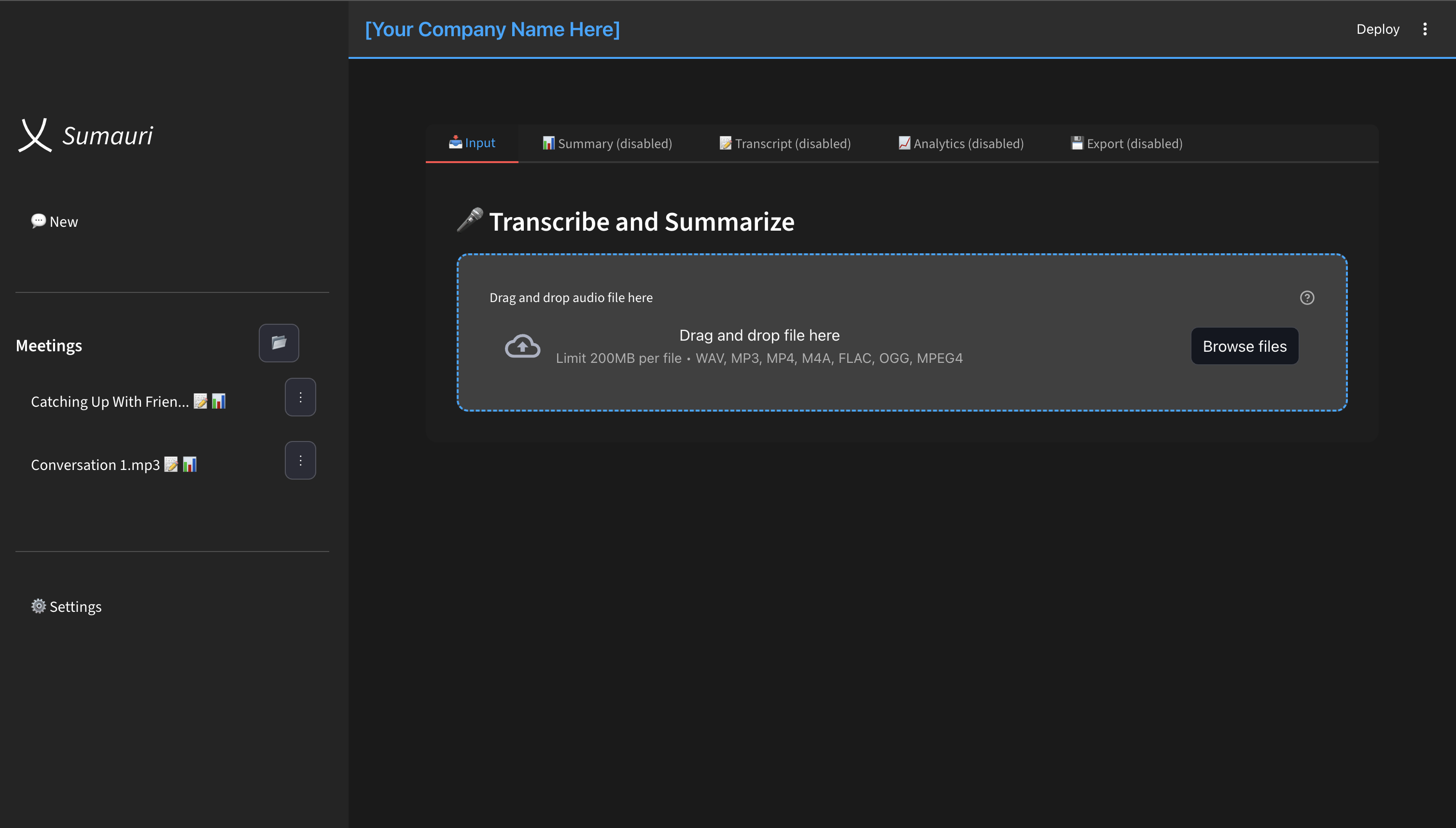 Samurai Scribe — Desktop meeting transcription app with sidebar showing sessions, tabbed interface with Input, Summary, Transcript, Analytics, and Export views